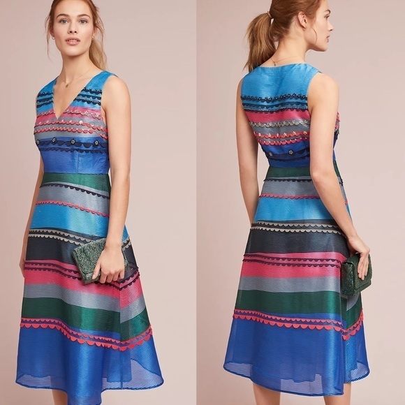 ANTHROPOLOGIE PANKAJ & NIDHI PRISMA STRIPED FIT & FLARE MICRO PLEAT V NECK DRESS - Picture 1 of 14